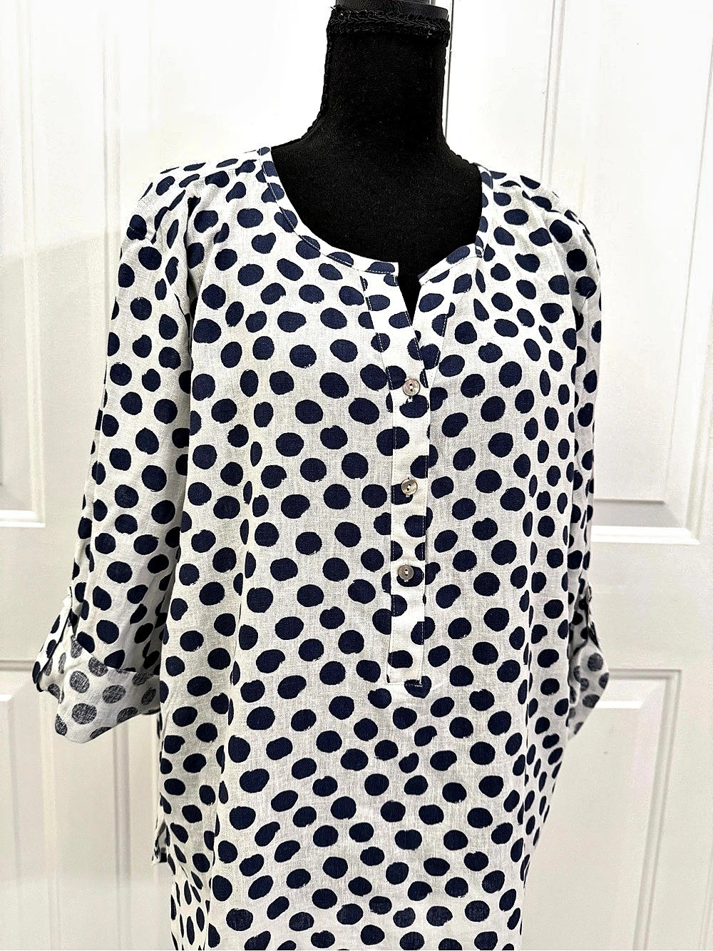 Hester & Orchard Polka Dot Linen Blend Blouse in White & Blue Size Large NWT